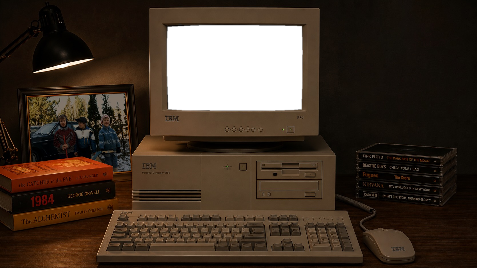 A retro IBM PC on a wooden desk at night, lit by a lamp